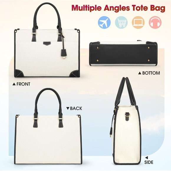 Laptop Bag for Women 15.6 Inch, Waterproof Canvas Work Tote Shoulder Bag - Picture 6 of 9